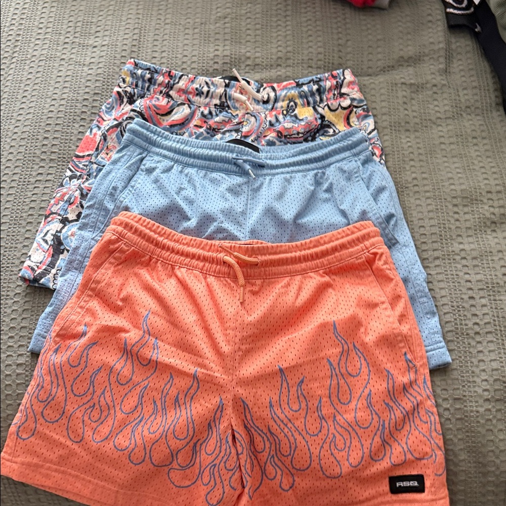 RSQ Boys Coral Orange with Blue Flame print, Light Blue, and Design Mesh Shorts